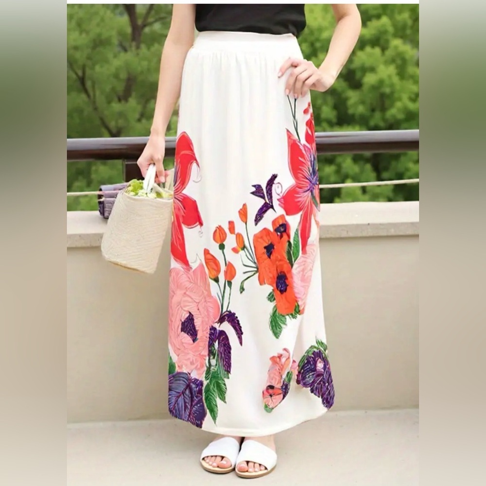 NWOT Vibrant Floral Print High-Waist Flowy Maxi Skirt Large - Picture 3 of 10
